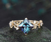 V prong princess cut alexandrite engagement ring solid 14k yellow gold five stone diamond leaf ring color change gemstone ring gift women