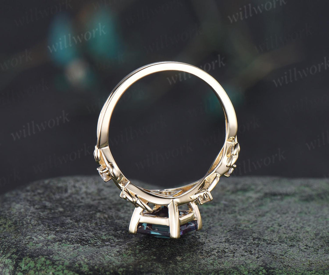 V prong princess cut alexandrite engagement ring solid 14k yellow gold five stone diamond leaf ring color change gemstone ring gift women