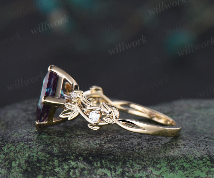 V prong princess cut alexandrite engagement ring solid 14k yellow gold five stone diamond leaf ring color change gemstone ring gift women