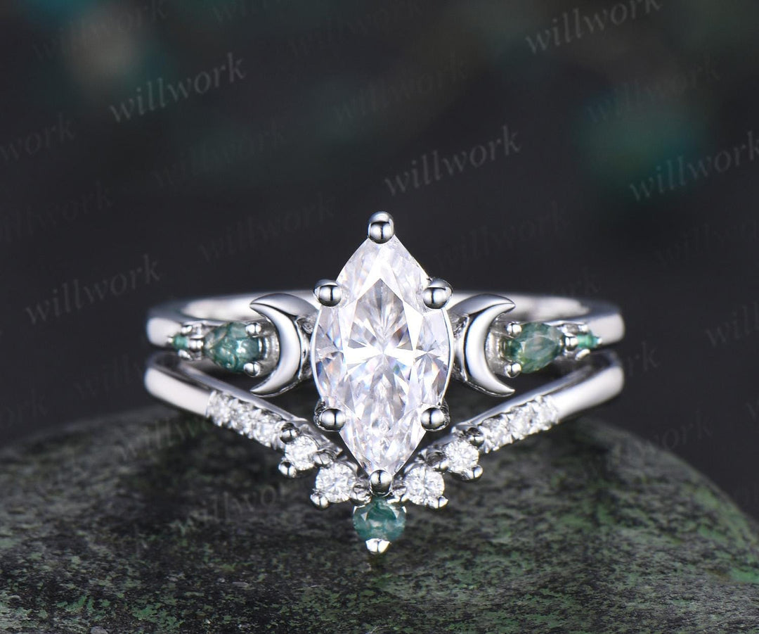 1ct marquise cut moissanite engagement ring set women 14k white gold 6 prong five stone moon moss agate stacking promise ring set
