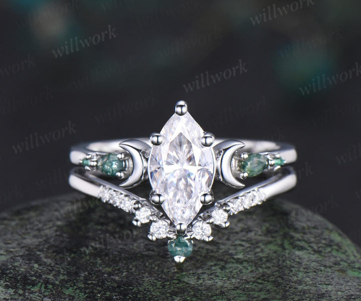 1ct marquise cut moissanite engagement ring set women 14k white gold 6 prong five stone moon moss agate stacking promise ring set