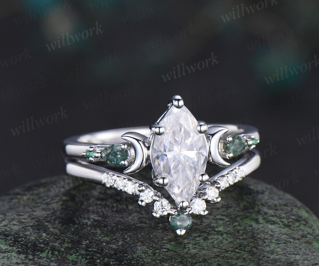 1ct marquise cut moissanite engagement ring set women 14k white gold 6 prong five stone moon moss agate stacking promise ring set