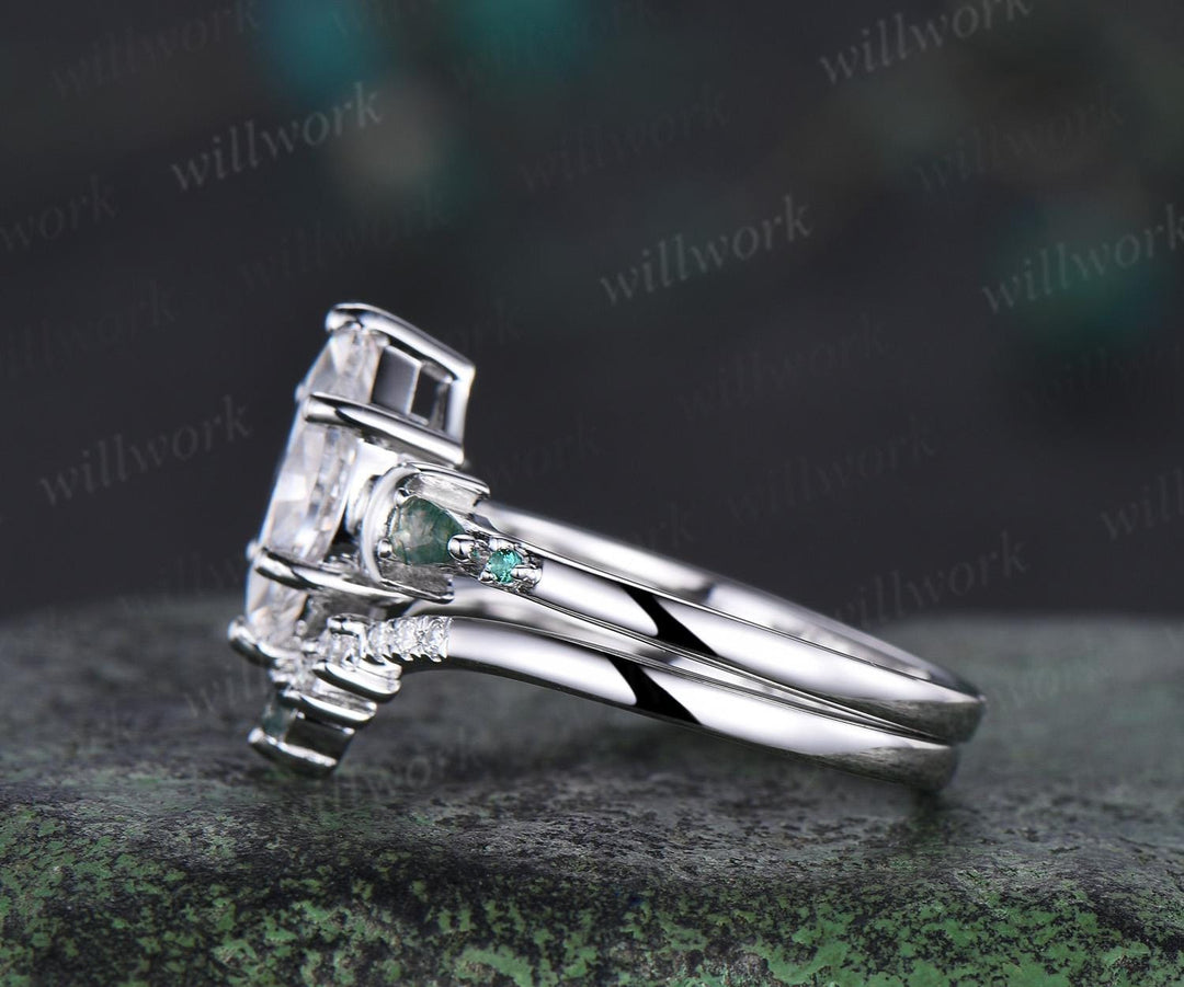 1ct marquise cut moissanite engagement ring set women 14k white gold 6 prong five stone moon moss agate stacking promise ring set
