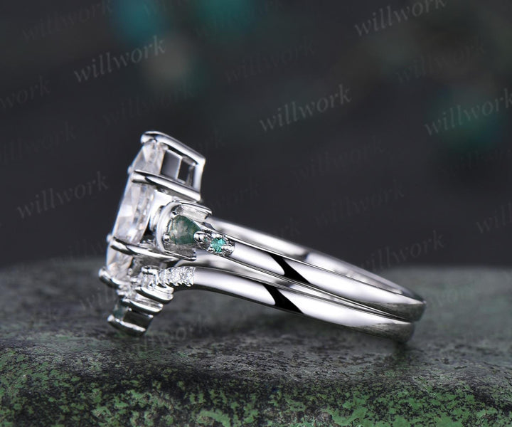 1ct marquise cut moissanite engagement ring set women 14k white gold 6 prong five stone moon moss agate stacking promise ring set