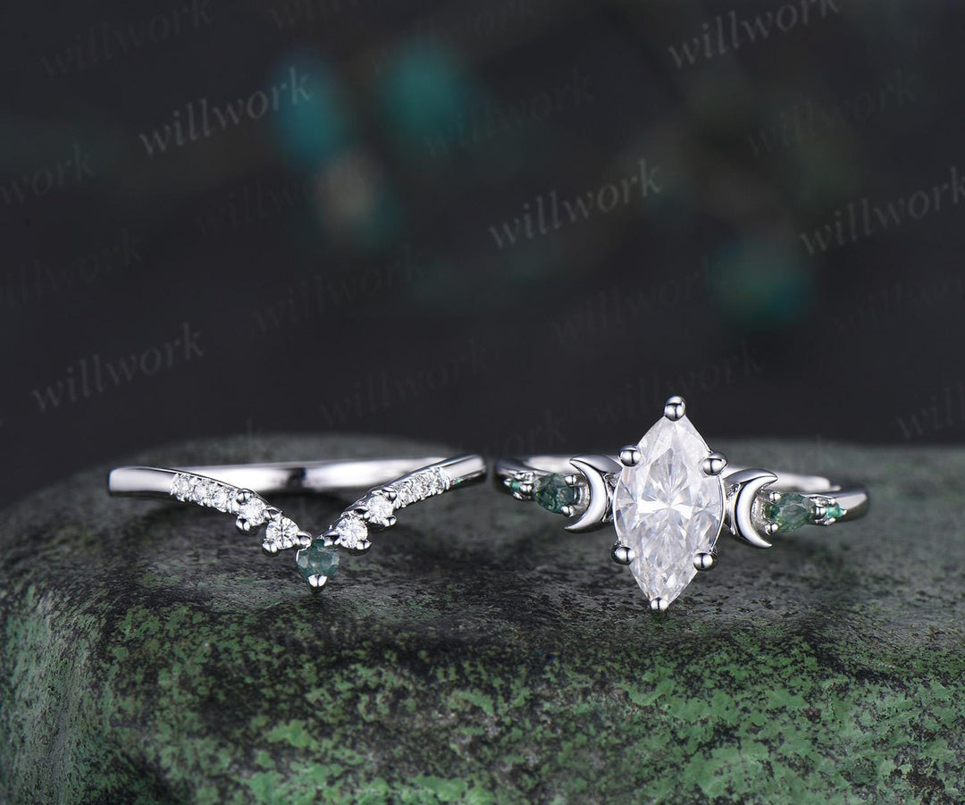 1ct marquise cut moissanite engagement ring set women 14k white gold 6 prong five stone moon moss agate stacking promise ring set