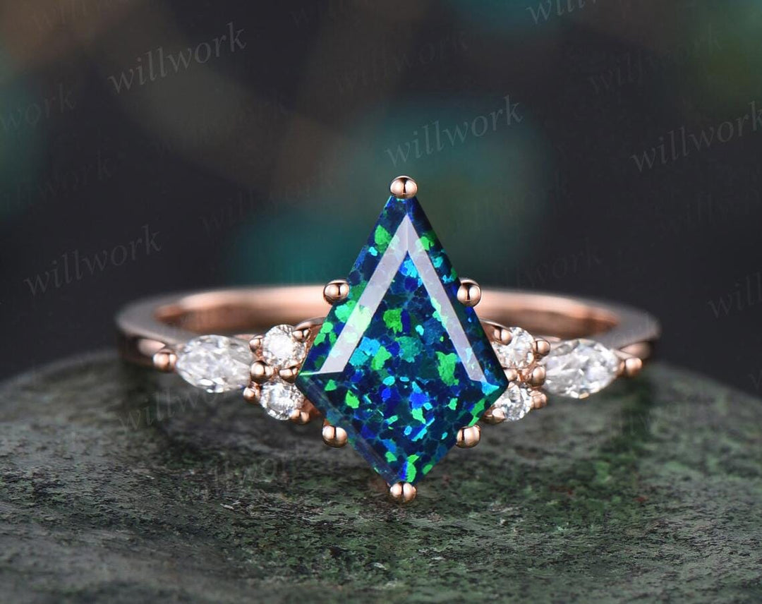 Kite cut black opal engagement ring set 14k 18k rose gold leaf alexandrite diamond wedding band enhancer unique bridal ring set women
