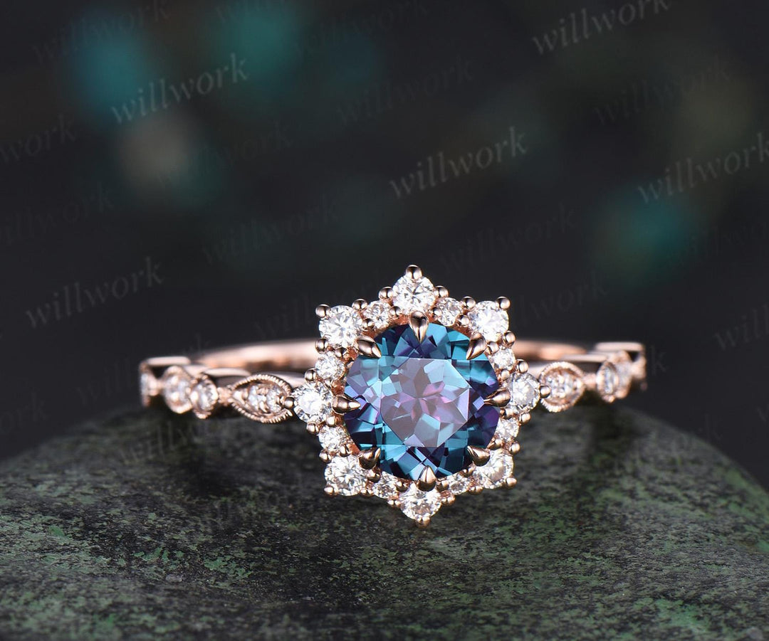 1ct round alexandrite wedding ring rose gold 8 prong milgrain art deco halo emerald engagement ring May birthstone ring jewelry gift