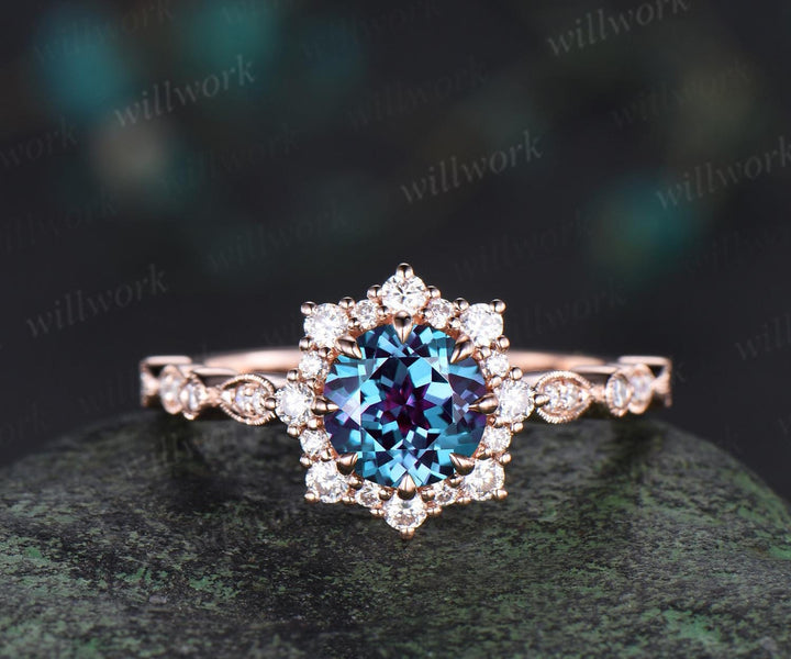 1ct round alexandrite wedding ring rose gold 8 prong milgrain art deco halo emerald engagement ring May birthstone ring jewelry gift