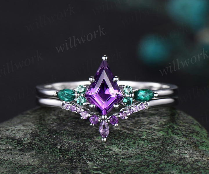kite cut amethyst emerald engagement ring set solid 14k white gold stacking bridal ring set women gift