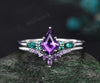 kite cut amethyst emerald engagement ring set solid 14k white gold stacking bridal ring set women gift