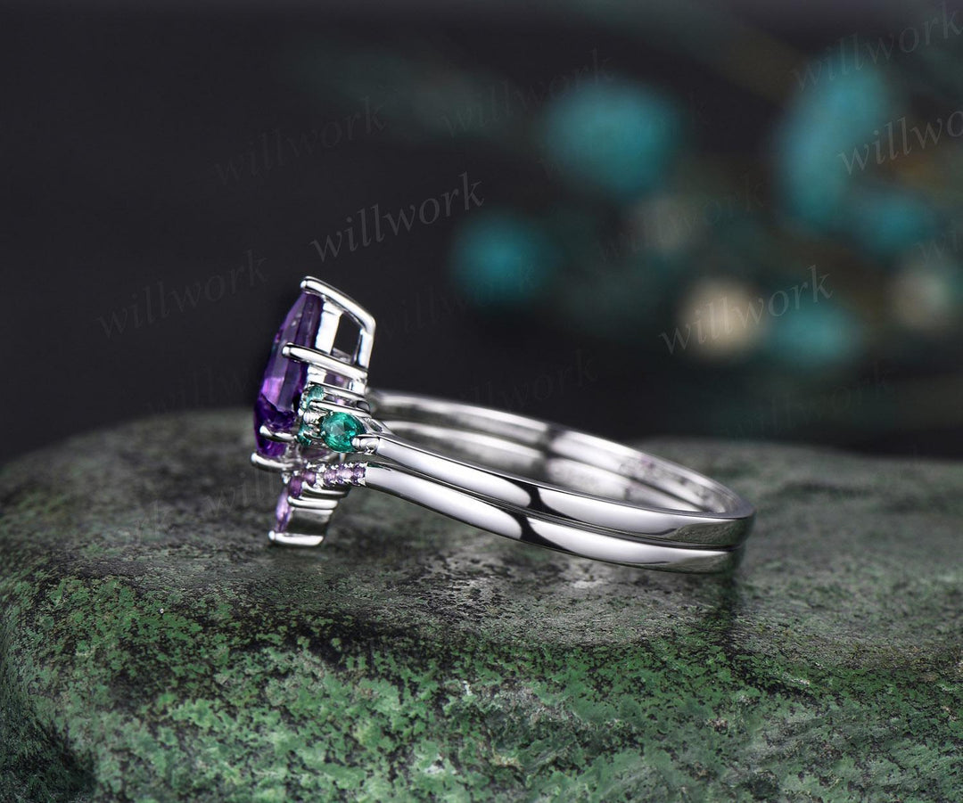 kite cut amethyst emerald engagement ring set solid 14k white gold stacking bridal ring set women gift