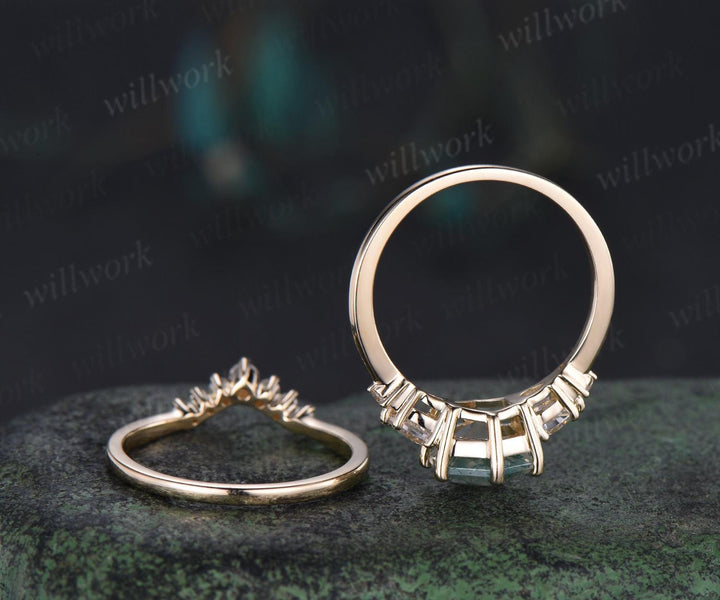 Unique hexagon cut moss agate engagement ring set five stone moissanite yellow gold ring women stackable promise ring her gift