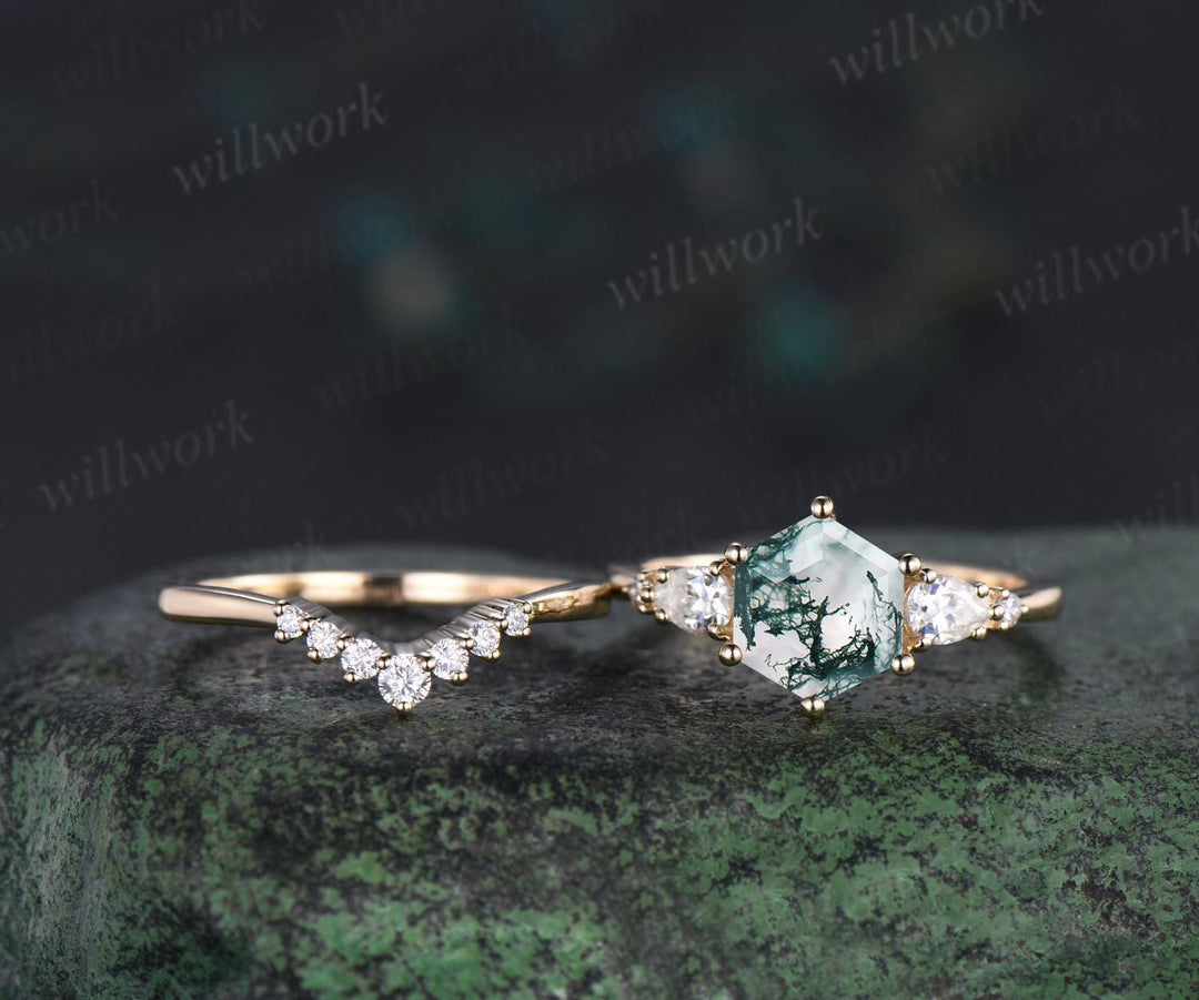 Unique hexagon cut moss agate engagement ring set five stone moissanite yellow gold ring women stackable promise ring her gift
