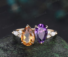 Teardrop pear citrine amethyst engagement ring solid 14k yellow gold unique diamond wedding promise ring women jewelry crystal ring