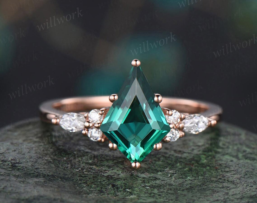 Kite cut green emerald engagement ring set 14k rose gold leaf diamond wedding band enhancer unique bridal  set women May birthstone ring