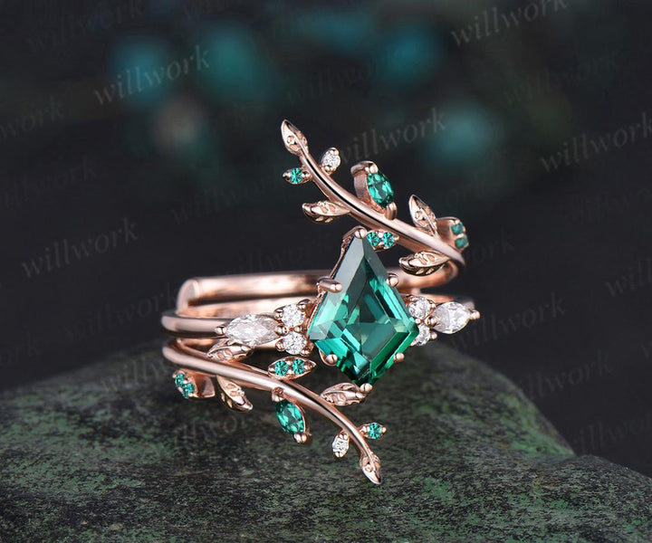 Kite cut green emerald engagement ring set 14k rose gold leaf diamond wedding band enhancer unique bridal  set women May birthstone ring