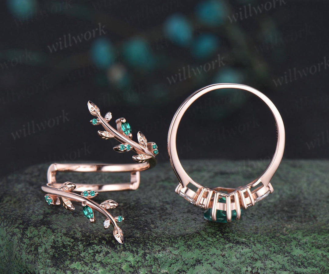 Kite cut green emerald engagement ring set 14k rose gold leaf diamond wedding band enhancer unique bridal  set women May birthstone ring