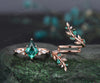 Kite cut green emerald engagement ring set 14k rose gold leaf diamond wedding band enhancer unique bridal  set women May birthstone ring