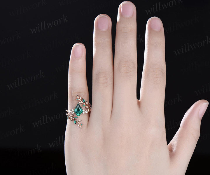Kite cut green emerald engagement ring set 14k rose gold leaf diamond wedding band enhancer unique bridal  set women May birthstone ring