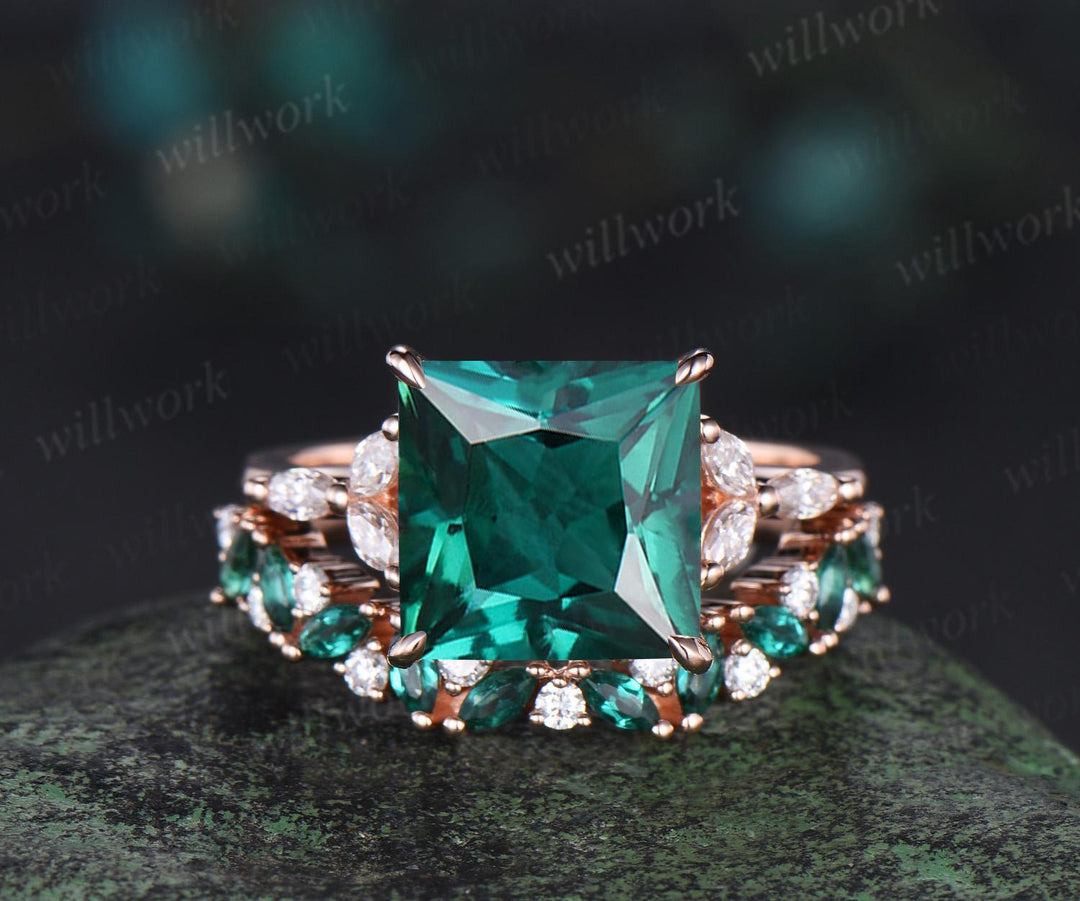 4ct princess cut green emerald engagement ring set solid 14k rose gold stacking marquise emerald wedding ring set women jewelry