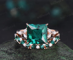 4ct princess cut green emerald engagement ring set solid 14k rose gold stacking marquise emerald wedding ring set women jewelry
