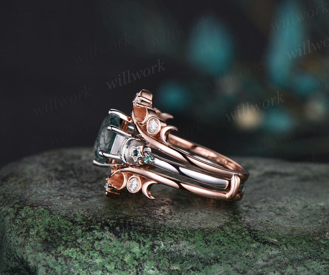 Hexagon cut moss agate engagement ring set white gold moon star emerald wedding ring set Celtic knot enhancer bridal set women jewelry