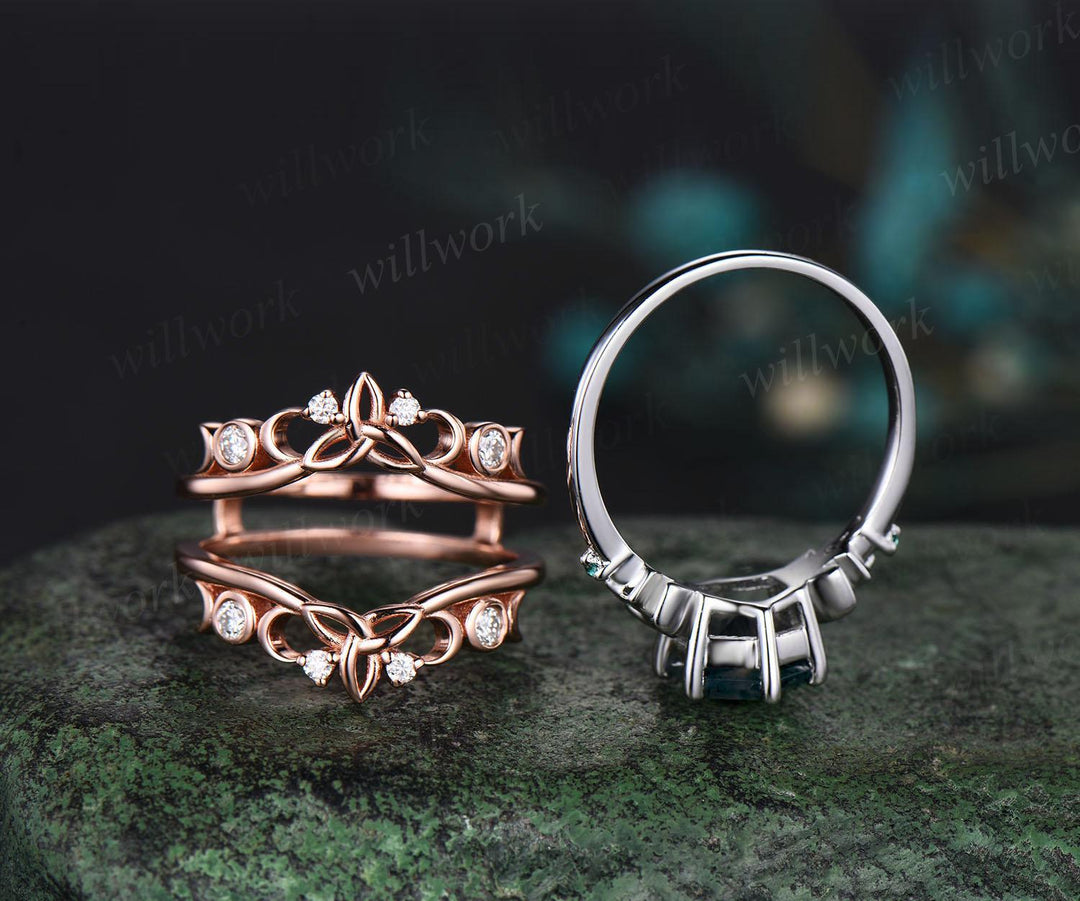 Hexagon cut moss agate engagement ring set white gold moon star emerald wedding ring set Celtic knot enhancer bridal set women jewelry