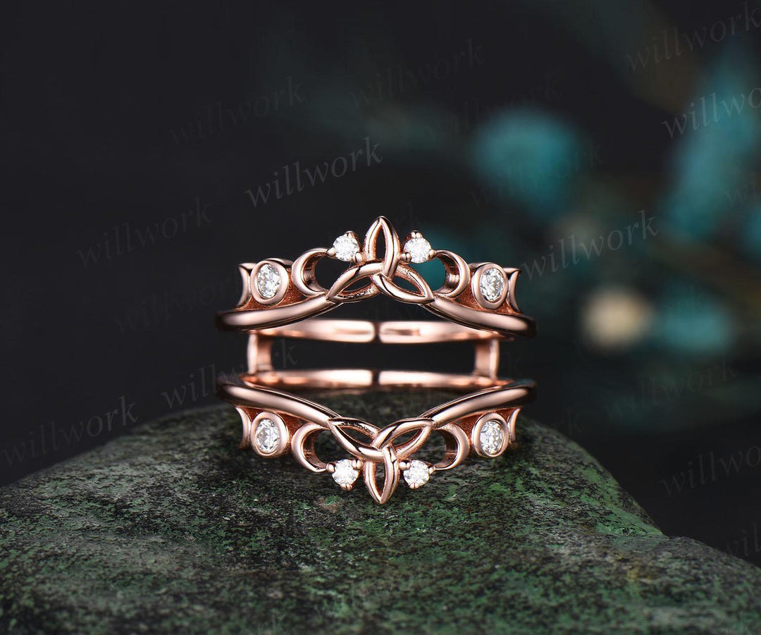Hexagon cut moss agate engagement ring set white gold moon star emerald wedding ring set Celtic knot enhancer bridal set women jewelry