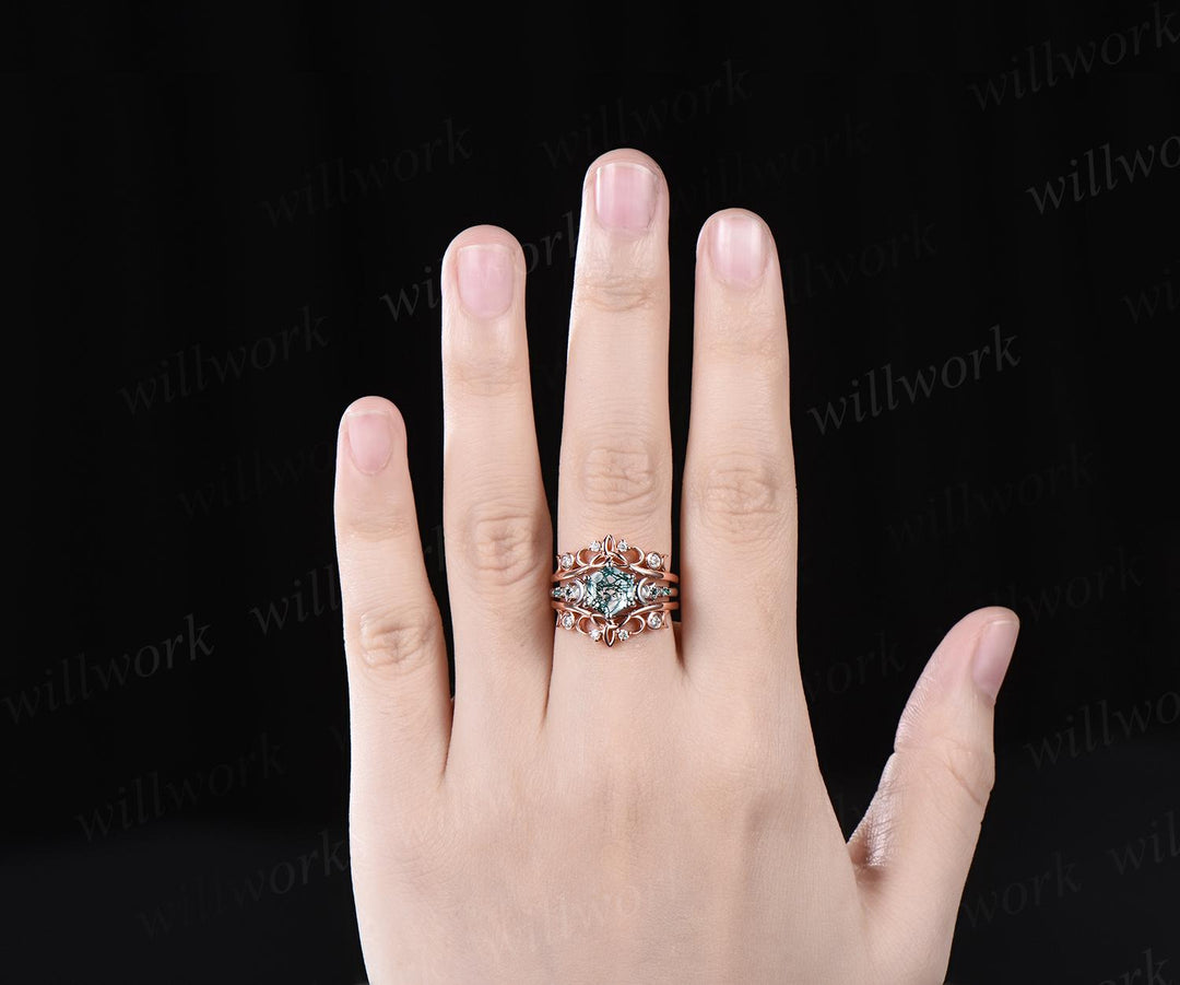 Hexagon cut moss agate engagement ring set white gold moon star emerald wedding ring set Celtic knot enhancer bridal set women jewelry