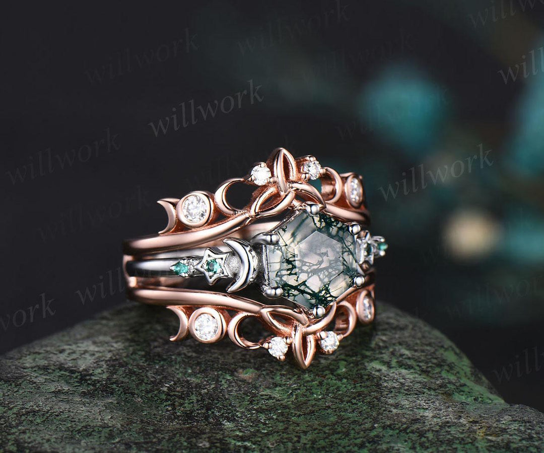 Hexagon cut moss agate engagement ring set white gold moon star emerald wedding ring set Celtic knot enhancer bridal set women jewelry