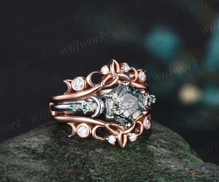 Hexagon cut moss agate engagement ring set white gold moon star emerald wedding ring set Celtic knot enhancer bridal set women jewelry