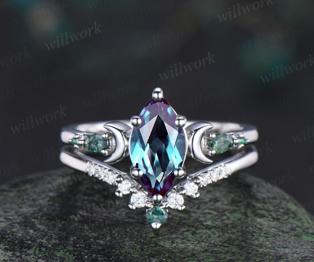 1ct marquise cut Alexandrite engagement ring set women 14k white gold 6 prong five stone moon moss agate stacking bridal ring set