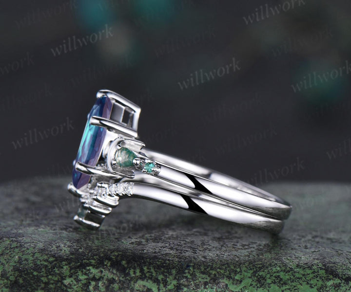 1ct marquise cut Alexandrite engagement ring set women 14k white gold 6 prong five stone moon moss agate stacking bridal ring set