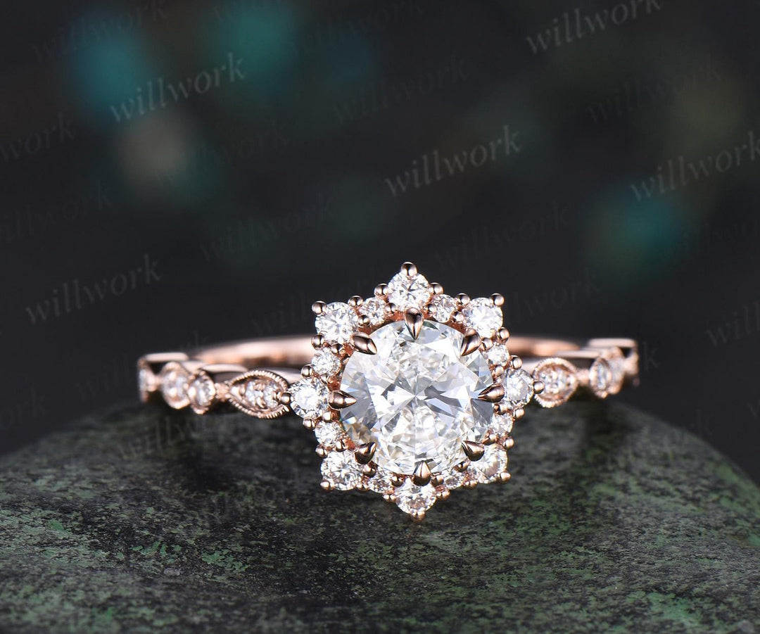 1ct round cut IGI Lab grown diamond engagement ring halo snowdrift milgrain natural diamond promise ring her unique wedding ring women