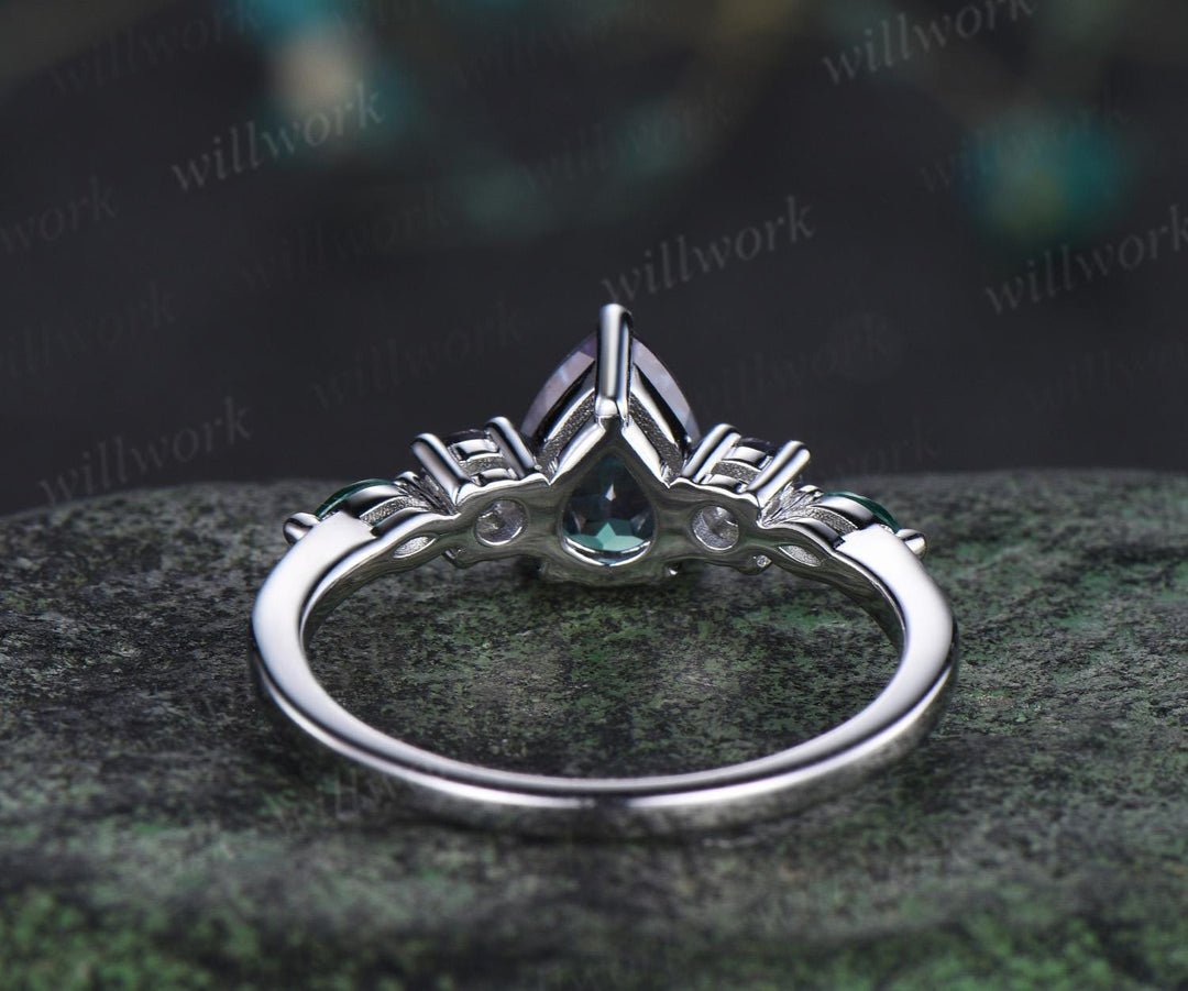 Teardrop pear cut Alexandrite ring 14k white gold Minimalist five stone unique engagement ring women emerald promise wedding ring silver