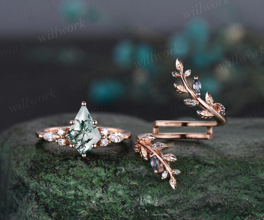 Kite cut moss agate engagement ring set 14k rose gold leaf alexandrite diamond wedding band enhancer unique bridal ring set women