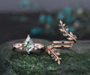 Kite cut moss agate engagement ring set 14k rose gold leaf alexandrite diamond wedding band enhancer unique bridal ring set women