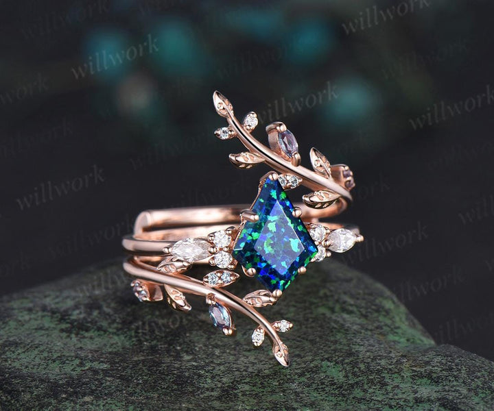 Kite cut black opal engagement ring set 14k 18k rose gold leaf alexandrite diamond wedding band enhancer unique bridal ring set women