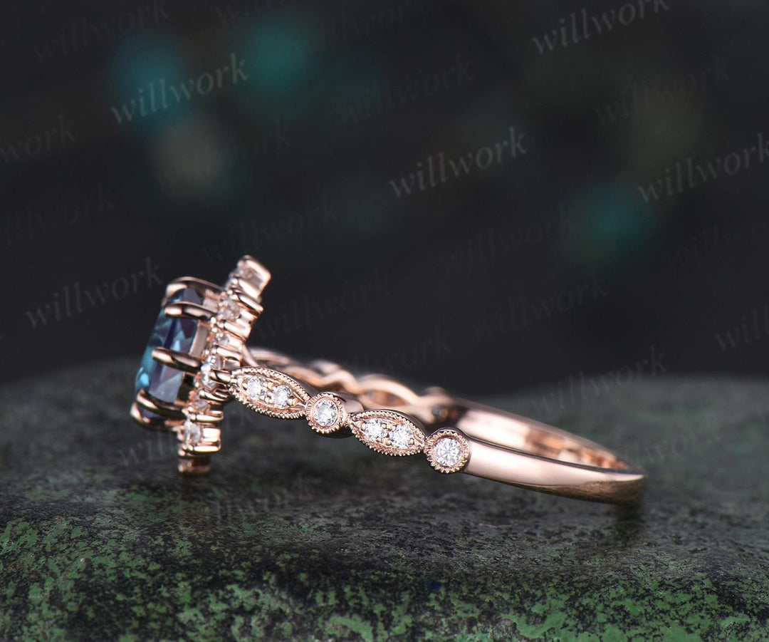 1ct round alexandrite wedding ring rose gold 8 prong milgrain art deco halo emerald engagement ring May birthstone ring jewelry gift