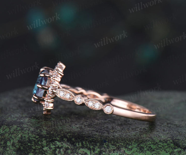 1ct round alexandrite wedding ring rose gold 8 prong milgrain art deco halo emerald engagement ring May birthstone ring jewelry gift