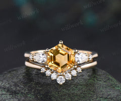 Unique hexagon cut yellow citrine engagement ring set five stone moissanite gold ring women matching wedding ring her gift silver