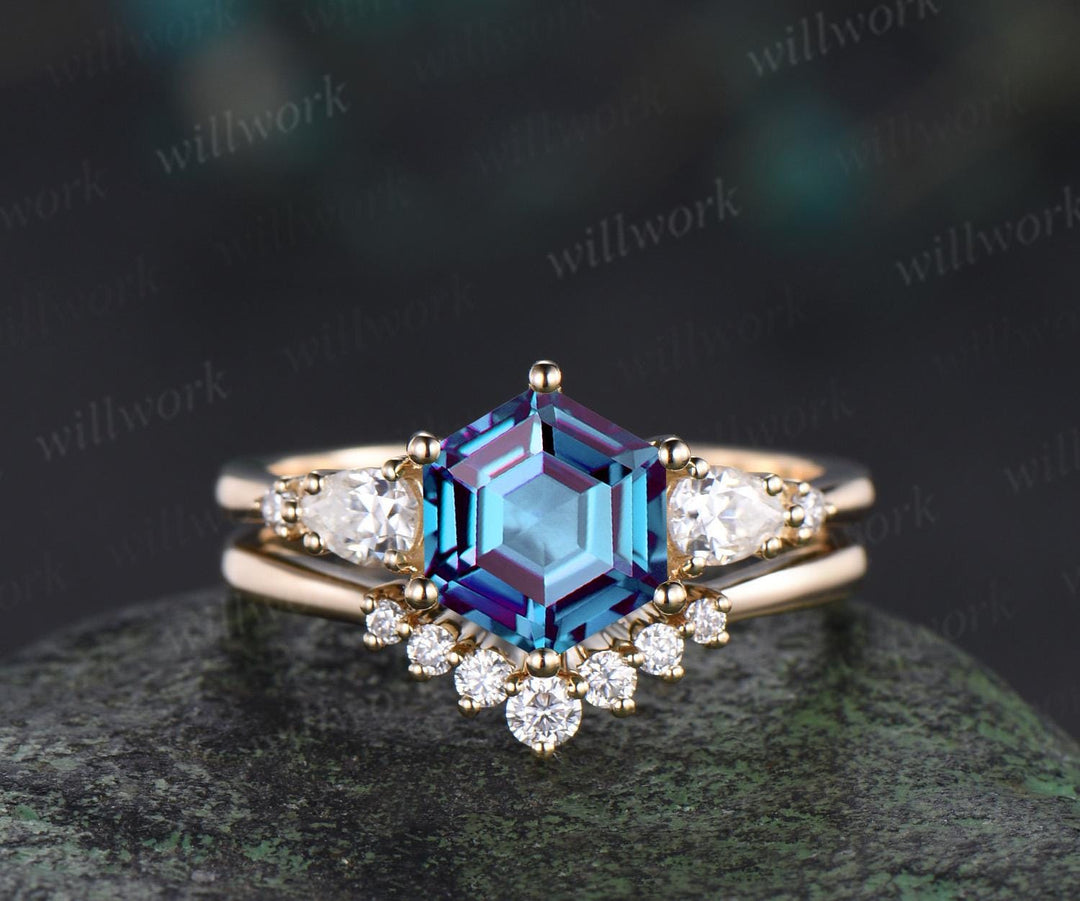 Unique hexagon cut Alexandrite engagement ring set solid 18k yellow gold 6 prong wedding ring set women June birthstone ring silver