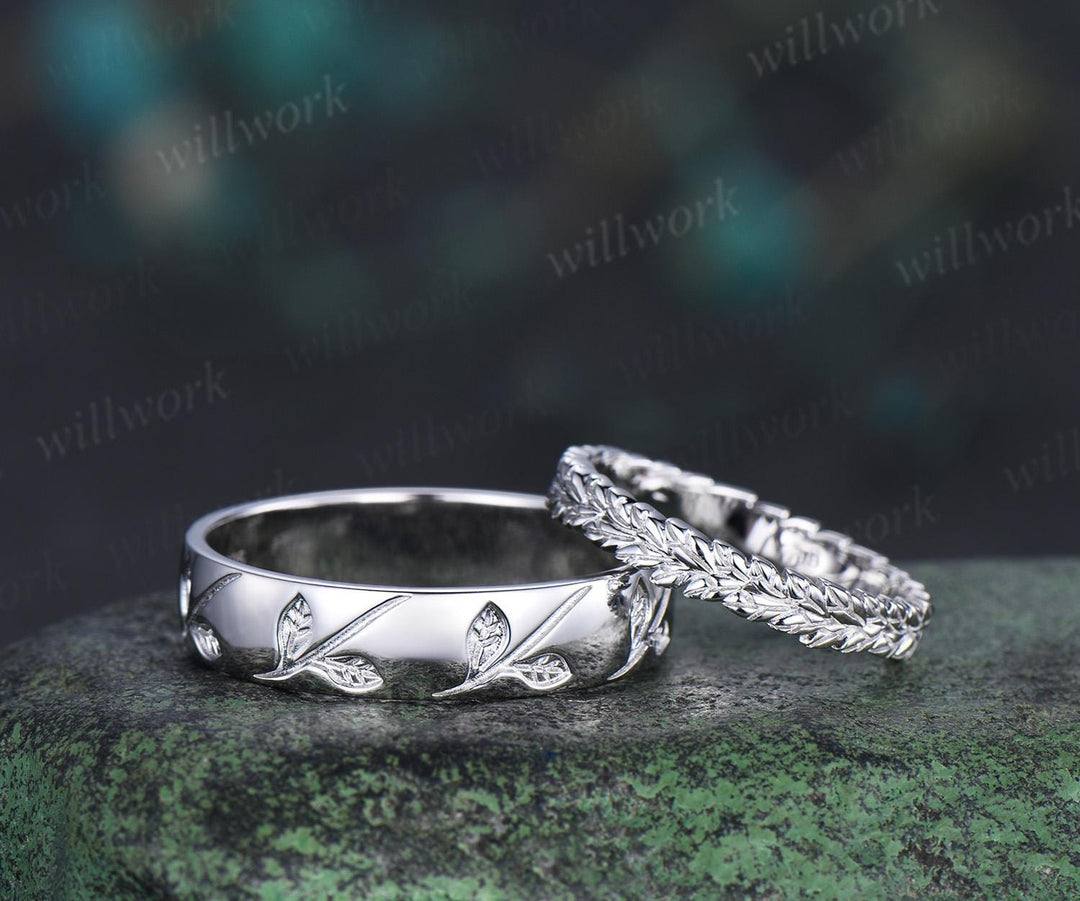 Leaf wedding band mens women full eternity nature inspired wedding ring set 14k white gold couple rings art deco anniversary ring gift