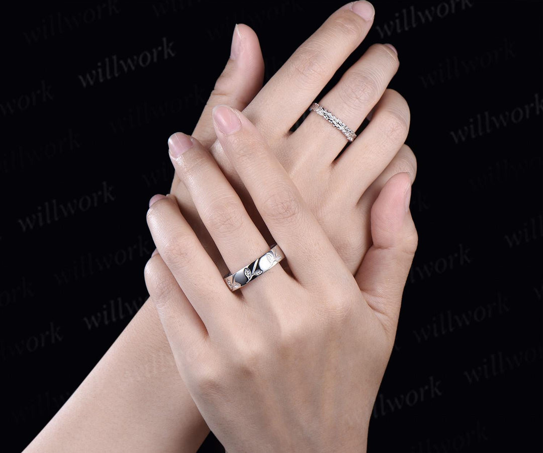 Leaf wedding band mens women full eternity nature inspired wedding ring set 14k white gold couple rings art deco anniversary ring gift