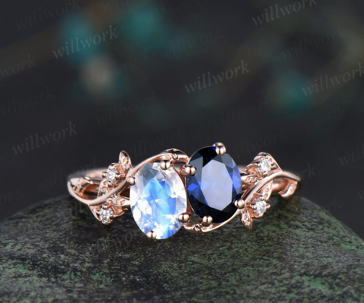 Oval cut moonstone sapphire ring vintage rose gold leaf nature inspired engagement ring five stone diamond wedding promise ring women