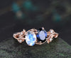 Oval cut moonstone sapphire ring vintage rose gold leaf nature inspired engagement ring five stone diamond wedding promise ring women