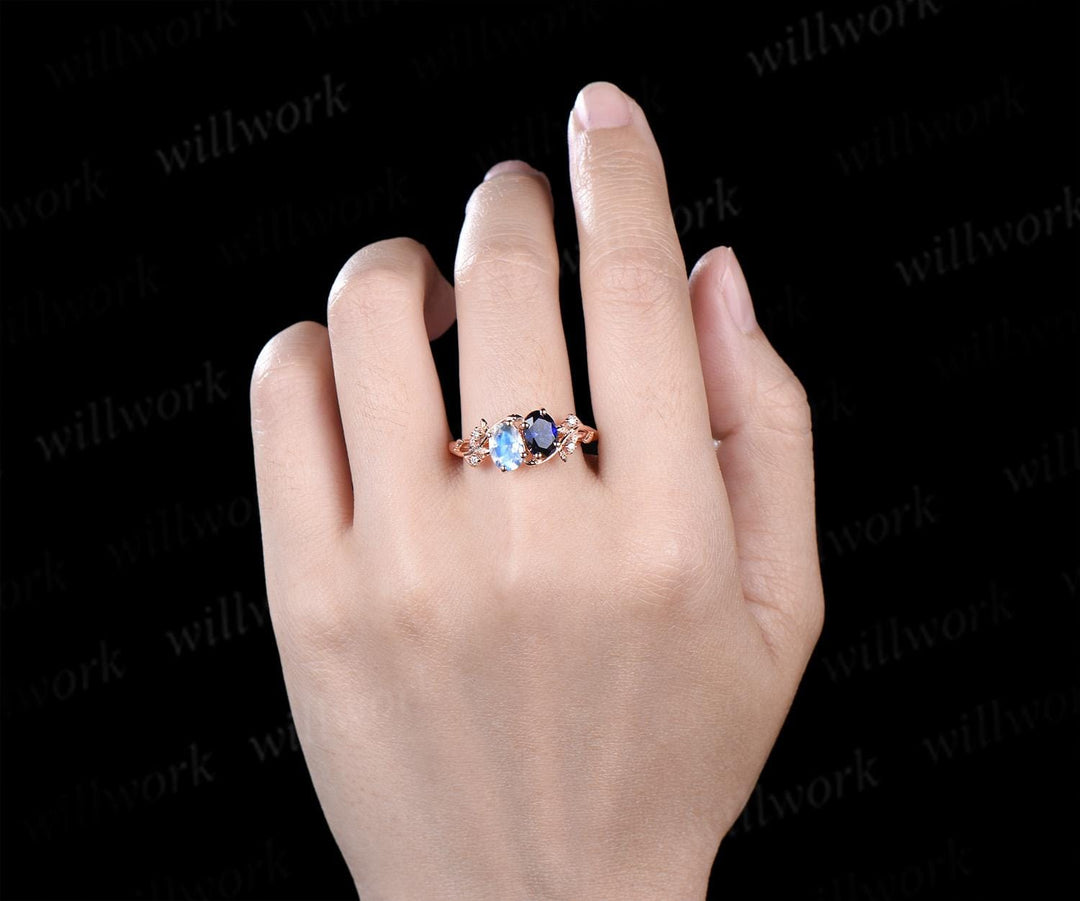 Oval cut moonstone sapphire ring vintage rose gold leaf nature inspired engagement ring five stone diamond wedding promise ring women