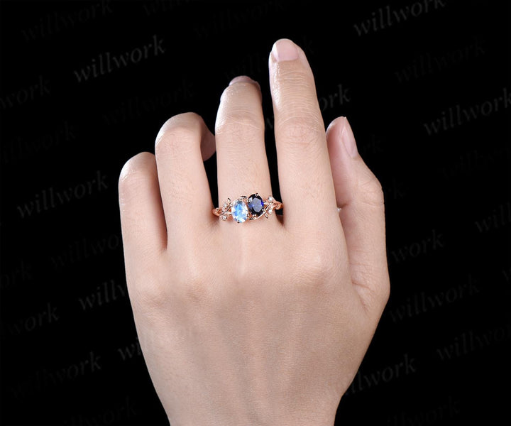 Oval cut moonstone sapphire ring vintage rose gold leaf nature inspired engagement ring five stone diamond wedding promise ring women