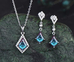 Vintage Kite cut alexandrite earrings necklace set solid 9k 14k white gold bezel halo moissanite unique pendant Women anniversary gift