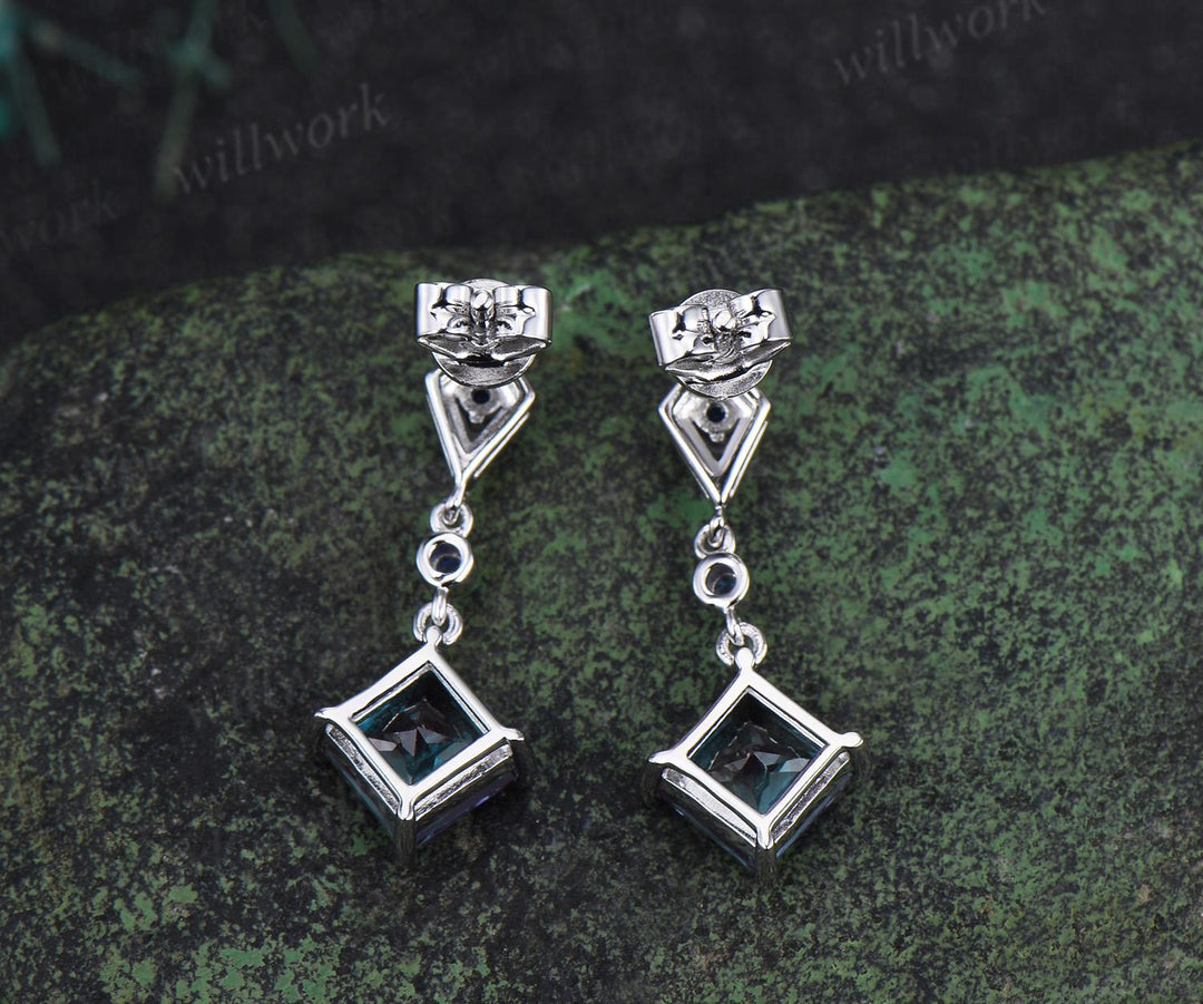 Princess cut Alexandrite earrings 14k white gold kite halo sapphire drop earrings women June birthstone dainty anniversary gift for her